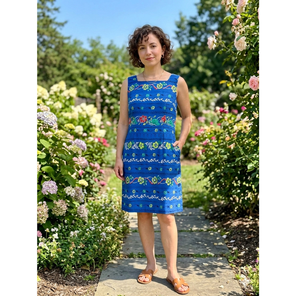 Sag Harbor Vintage Floral Shift Dress Petite 12P‎ Blue Sleeveless Mod Retro